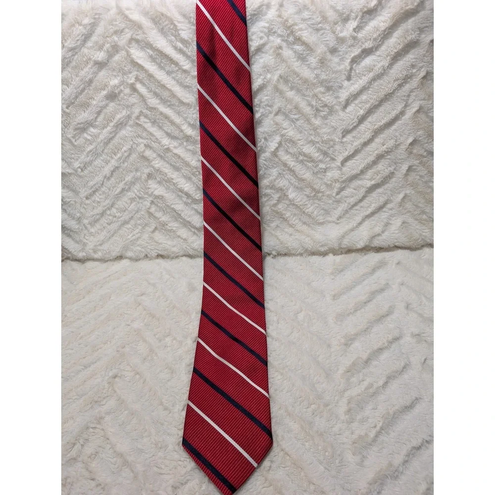 Tommy Hilfiger‎ Men's Tie White Blue And Red Striped Woven Silk